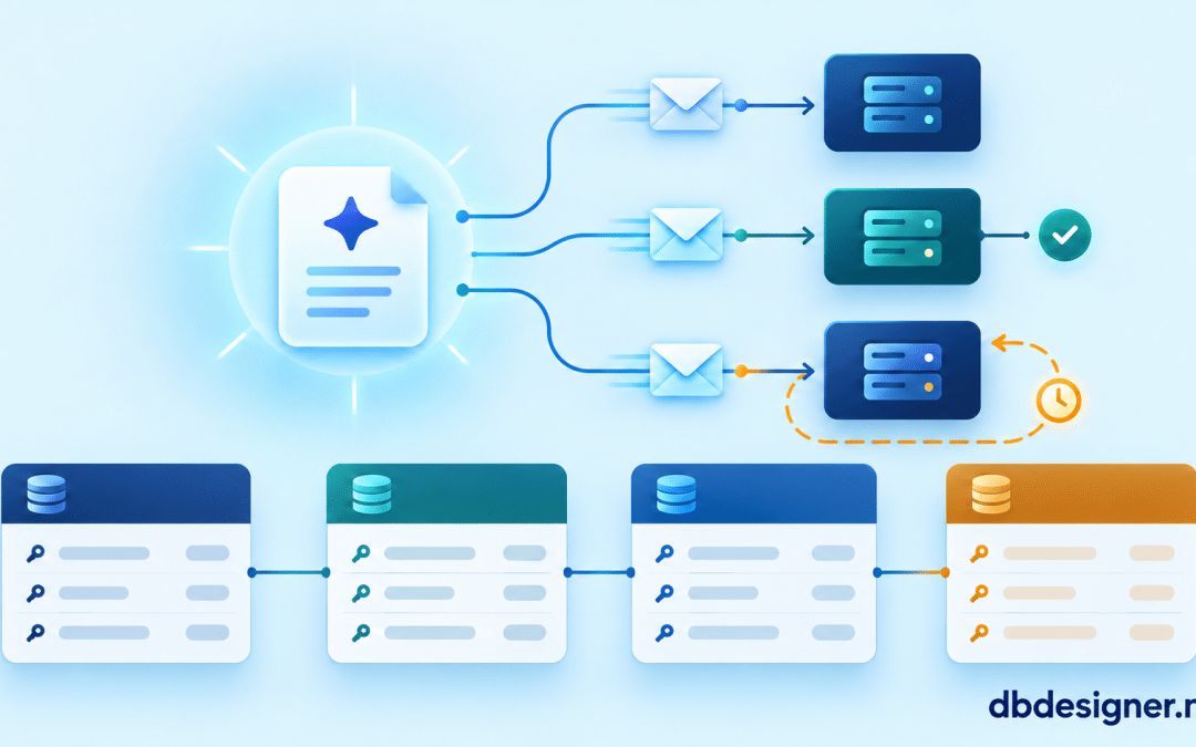 Webhook database design illustration showing an event sent to three endpoints, a retry loop, and connected database tables, branded dbdesigner.net.